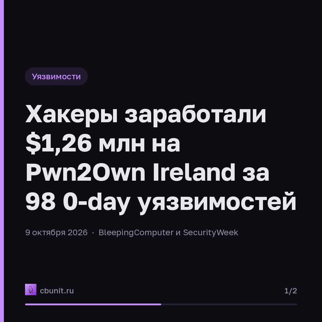 Хакеры заработали $1,26 млн на Pwn2Own Ireland за 98 0-day уязвимостей — карточка 1 из 2